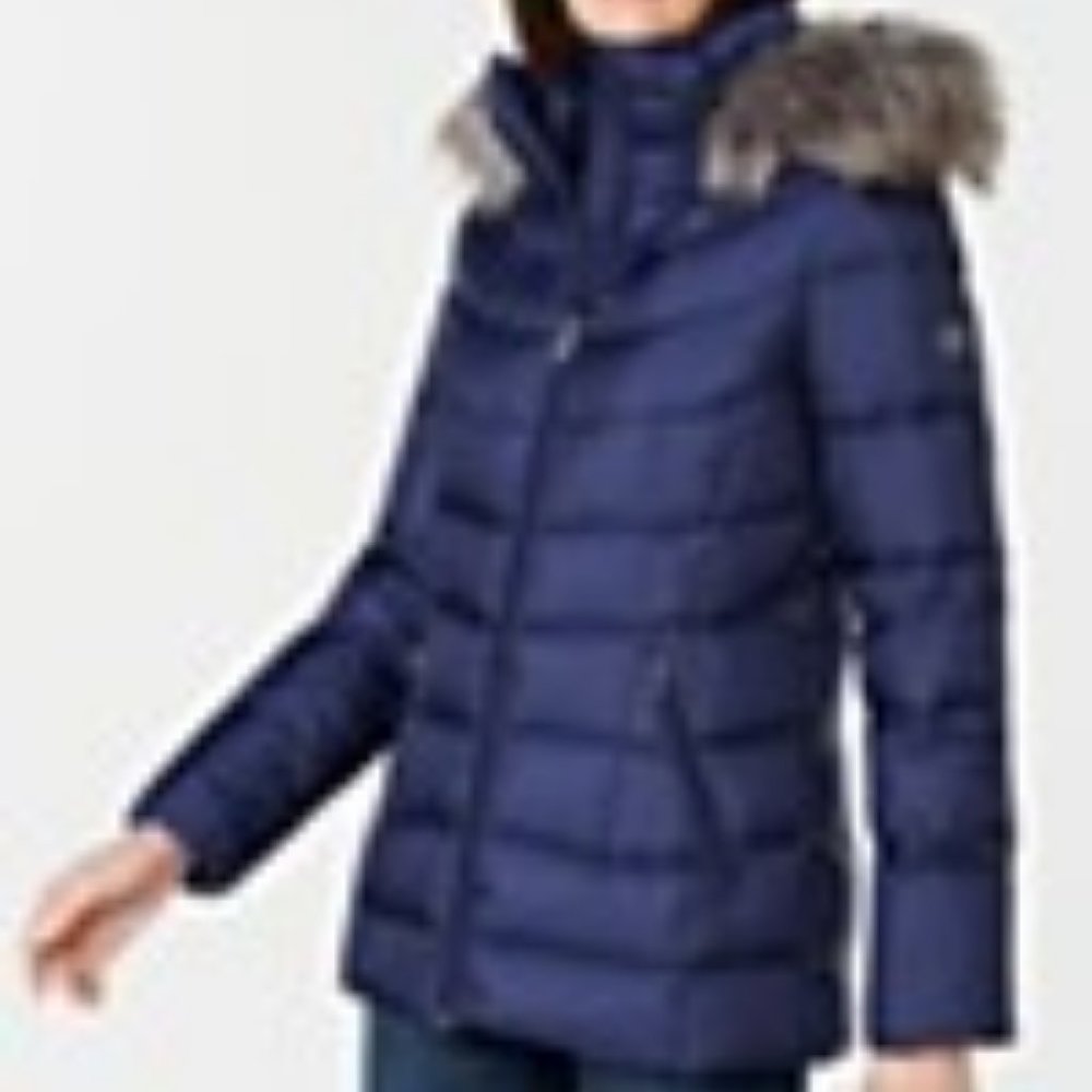 CALVIN KLEIN Faux-Fur-Trim Hooded Puffer Coat Like New